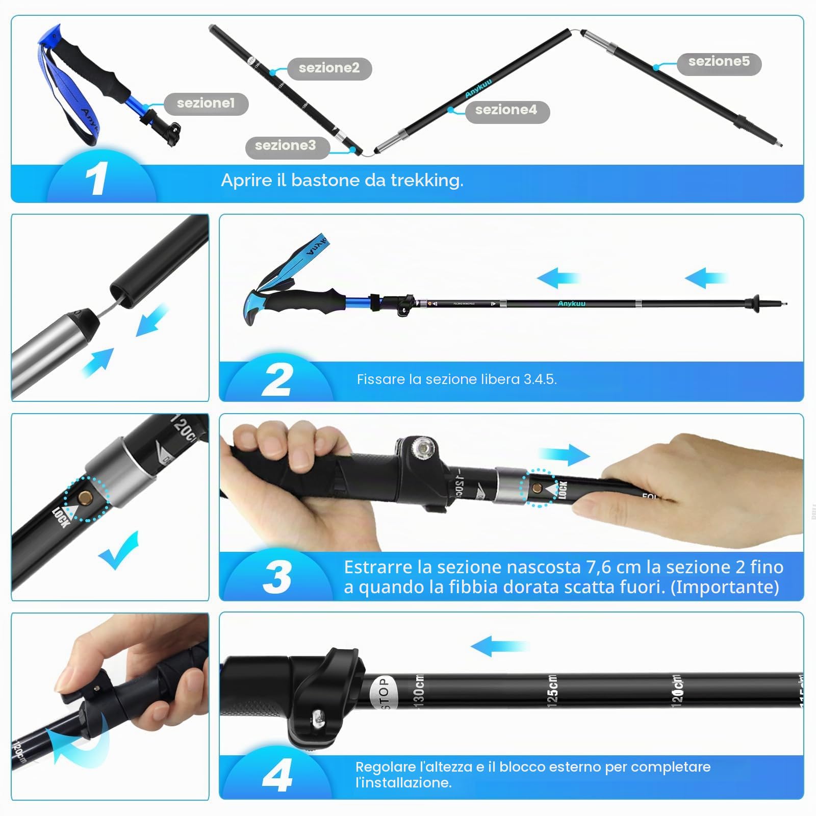 Anykuu 2 bastoncini da trekking, regolabili, 110-130 cm, in alluminio 7075, ultraleggeri, con 6 paia di accessori, per trekking e sci