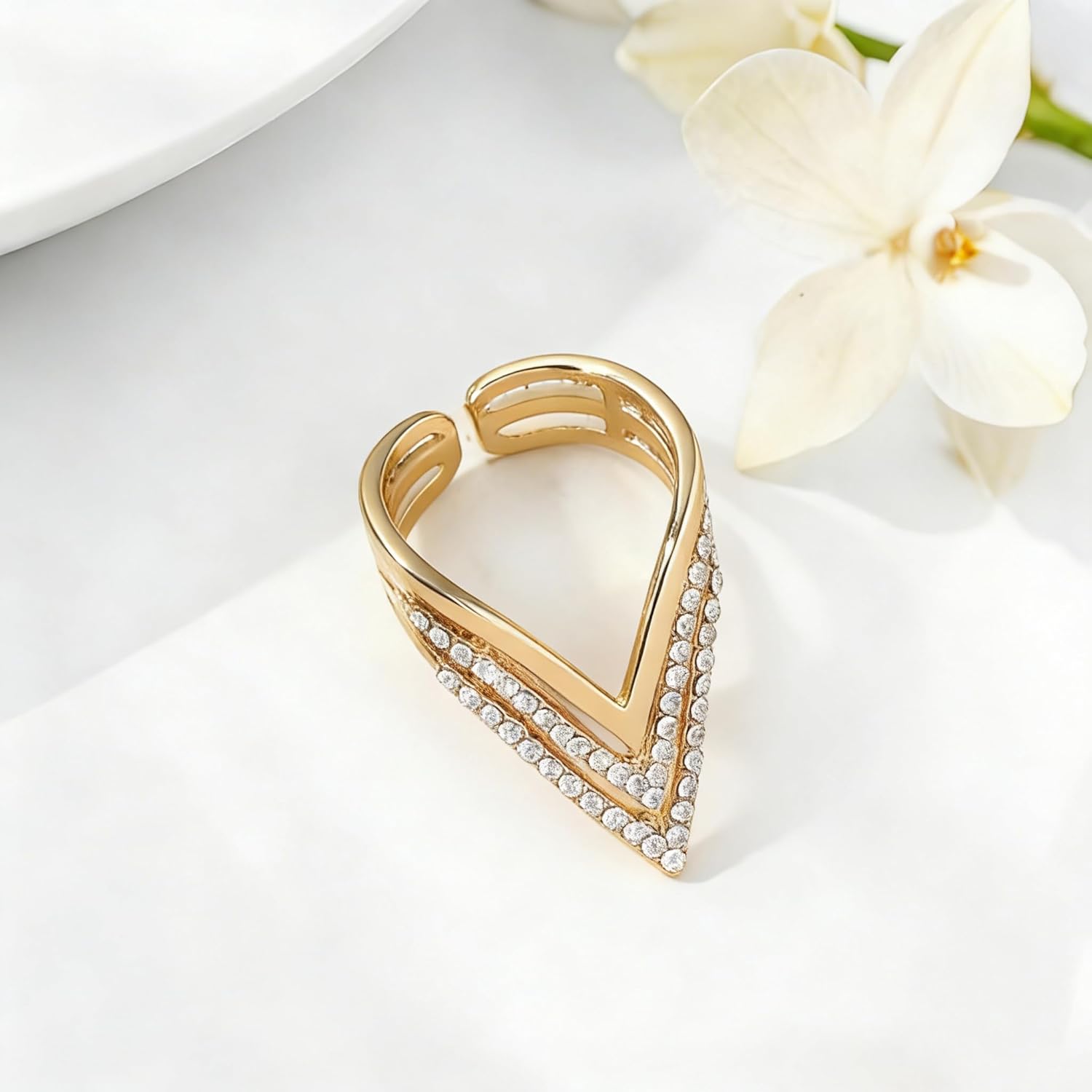 Layered V Shaped CZ Statement Ring for Women Gold Plated Cubic Zirconia Expandable Adjustable Boho Finger Rings Comfort Fit Dainty Birthday Wedding Cocktail Party Jewelry Gifts - Image 3