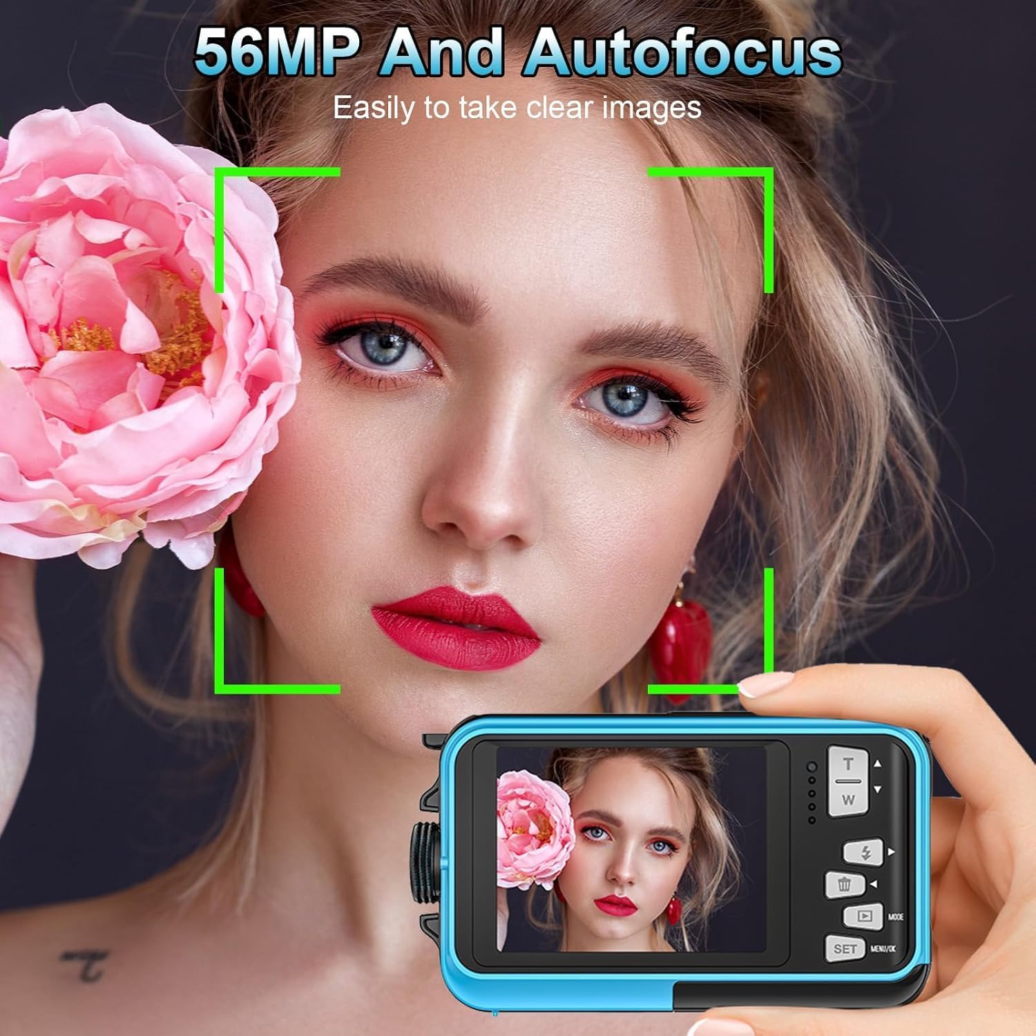 Unterwasserkamera 2.7K Digitalkamera wasserdichte 56MP Autofokus wasserdichte Kamera Fotokamera mit 32GB Karte