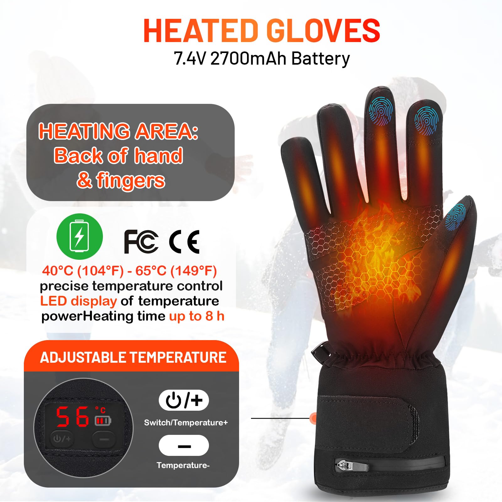 INKON Heated Gloves for Men Women, Rechargeable Battery Gloves Temperature Display,Touchscreen for Cycling Hiking (Black, Small)
