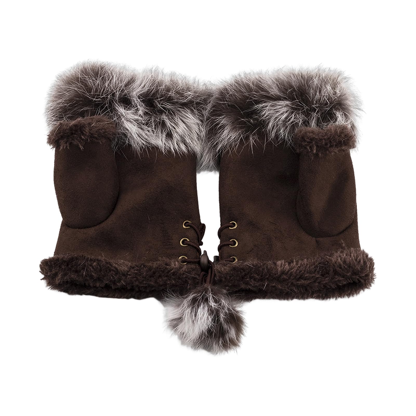 pofluany 1 Pair Women Winter Mittens Adjustable Drawstring Thick Plush Faux Fur Windproof Anti-slip Student Writing Gloves Keep Warm Fingerless Typing Mittens Dark Coffee