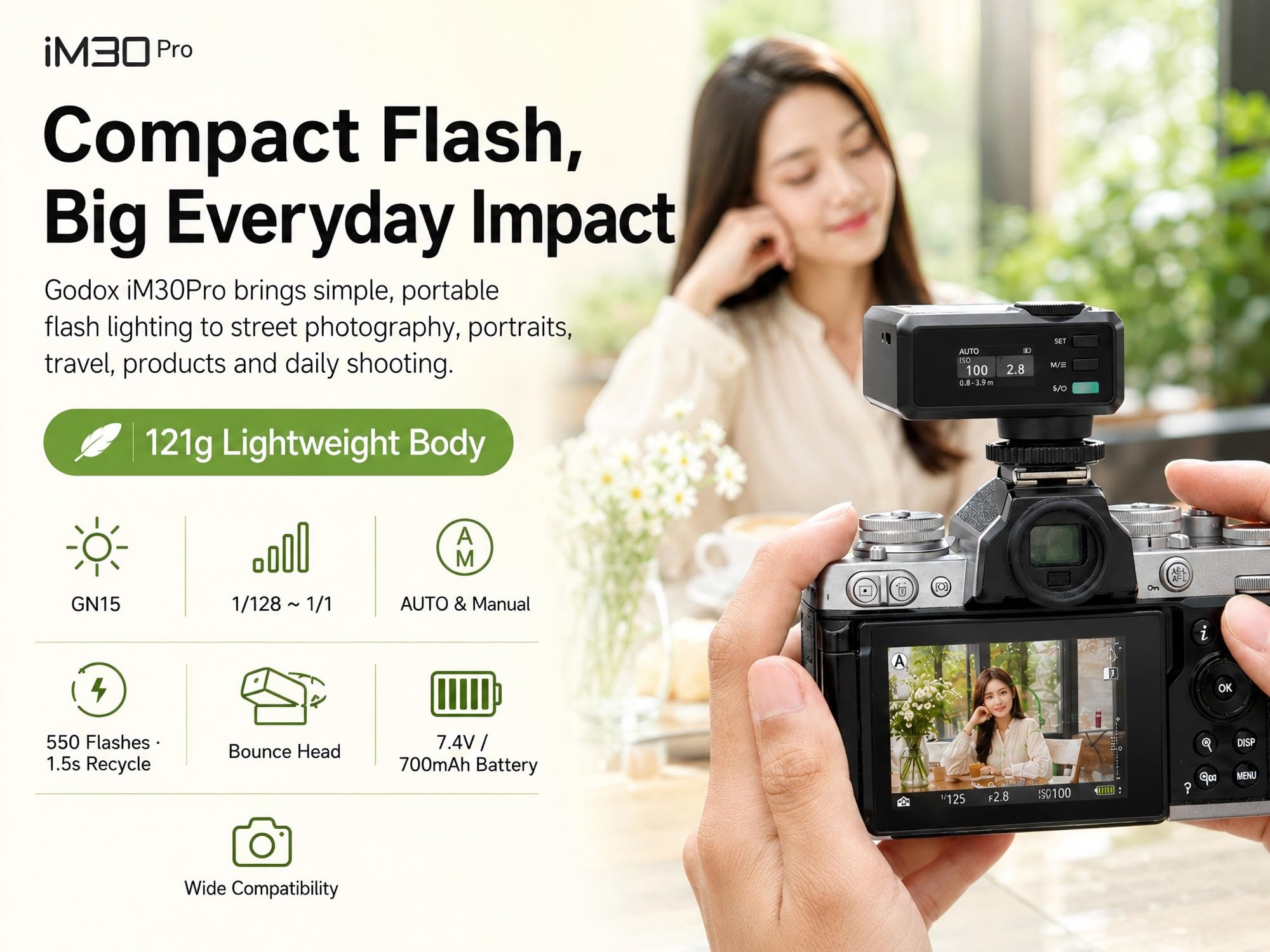 Godox iM30Pro iM30 Pro mini lampa błyskowa do aparatu, lampa błyskowa GN15, tryb auto i M, 550 błysków, ładowanie 1,5 s, USB-C, pojedyncza gorąca stopka do Sony Canon Nikon Fujifilm Olympus Ricoh