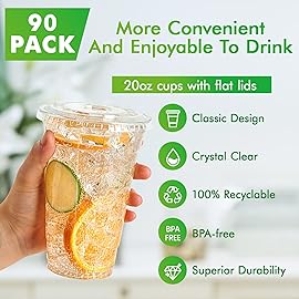 Lilymicky [90 Sets] 20 oz Clear Plastic Cups With Flat Lids, Disposable Drinking Cups, 20 oz Plastic Cups for Ice Coffee, Smoothie, Slurpee, or Any Cold Drinks