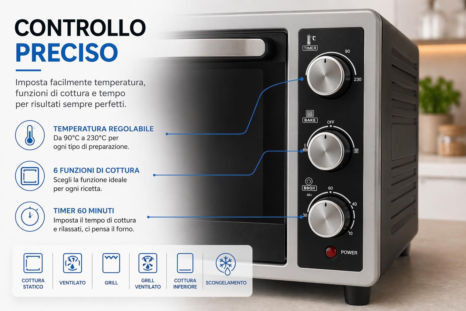 Forno Elettrico Ventilato 32 Litri 6 Funzioni Cottura 90-230°C Doppio Vetro Timer 60 Min