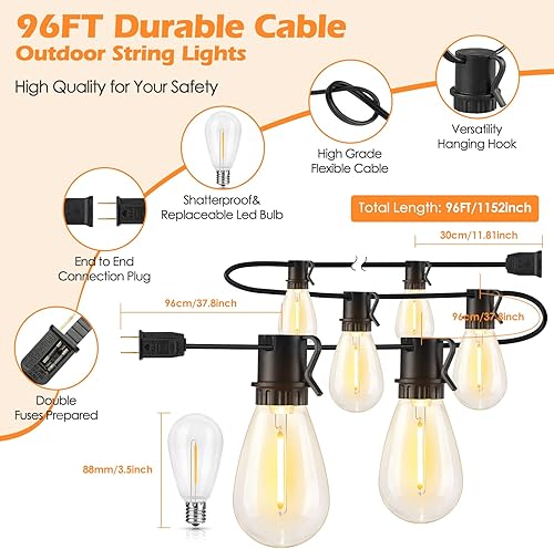 Miniatura 8 de 96FT LED Outdoor String Lights, Waterproof Patio Lights with 30+2 2700K Dimmable Shatterproof Edison Hanging Bulbs for Backyard Party-Black Negro