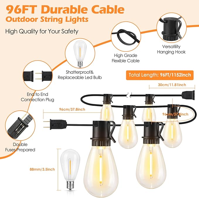Larkvue Luces de Cadena LED 96FT Exterior Impermeables 30+2 Bombillos 2700K miniatura 4