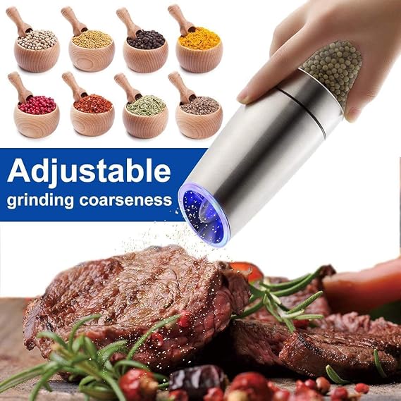 Gravity Electric Salt and Pepper Grinder Abrader Sets Battery Powered Mill High Capacity Adjustable Grind Coarseness with Blue LED Light Pack of 2,Silver.Silver