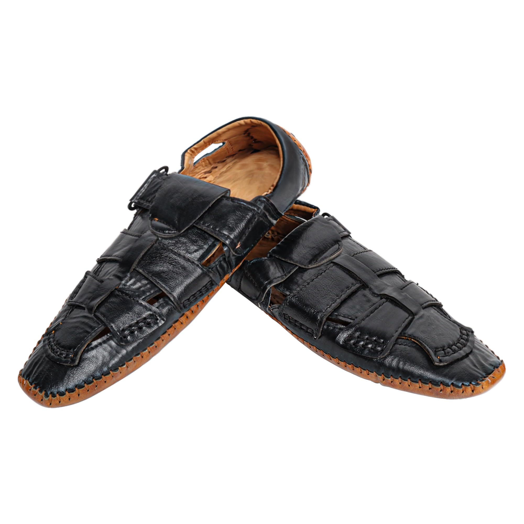 Men's Black Leather Closed Toe Roman Sandal, Woven Upper, Velcro Closure, Flat Heel, Casual Wear-image-45