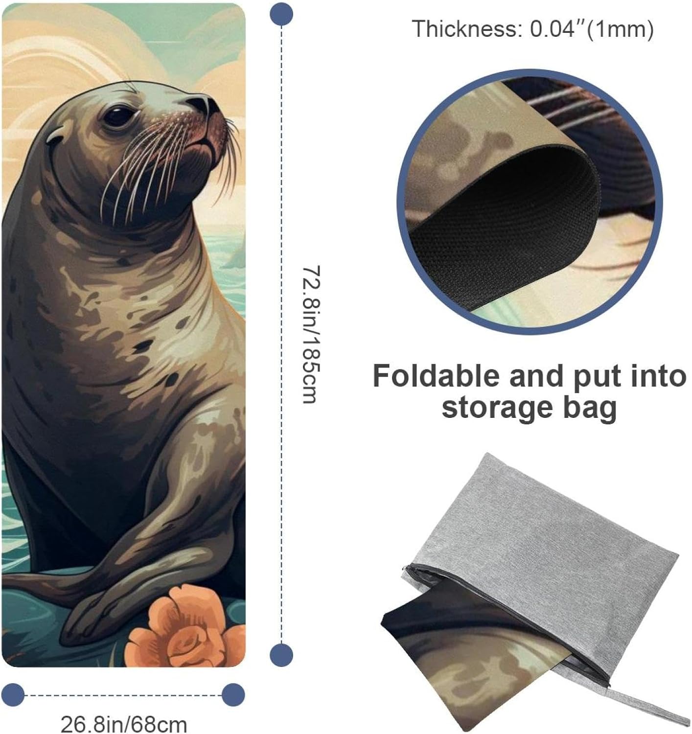 Yoga Towel, Sea Lion Pattern Non Slip Sweat Absorbent Hot Yoga Mat Towel for Hot Yoga, Pilates and Fitness - 72.8" x 26.8"