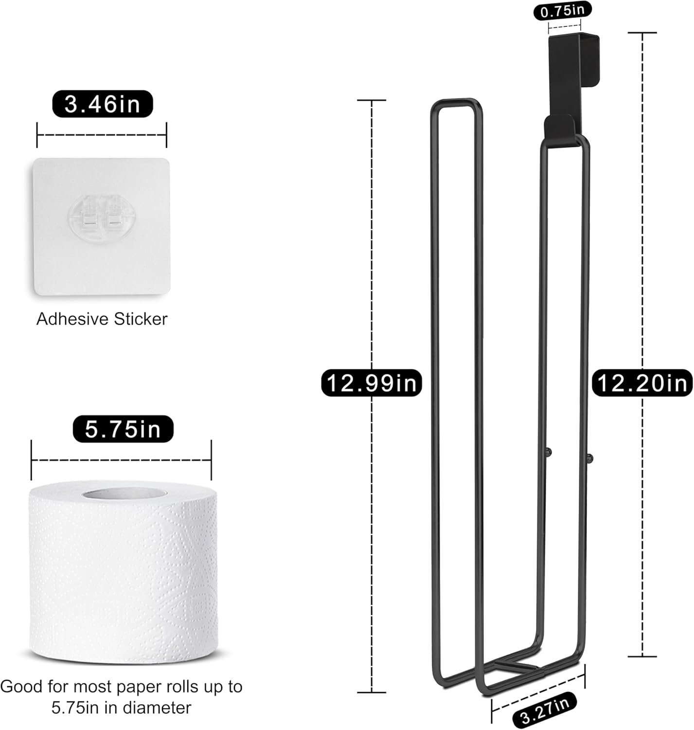 Black Toilet Paper Holder, Bathroom Toilet Paper Roll Holder with Storage Extra 2 Rolls, Over The Tank Toilet Paper Holder with Storage, Stainless Steel, 2Pcs