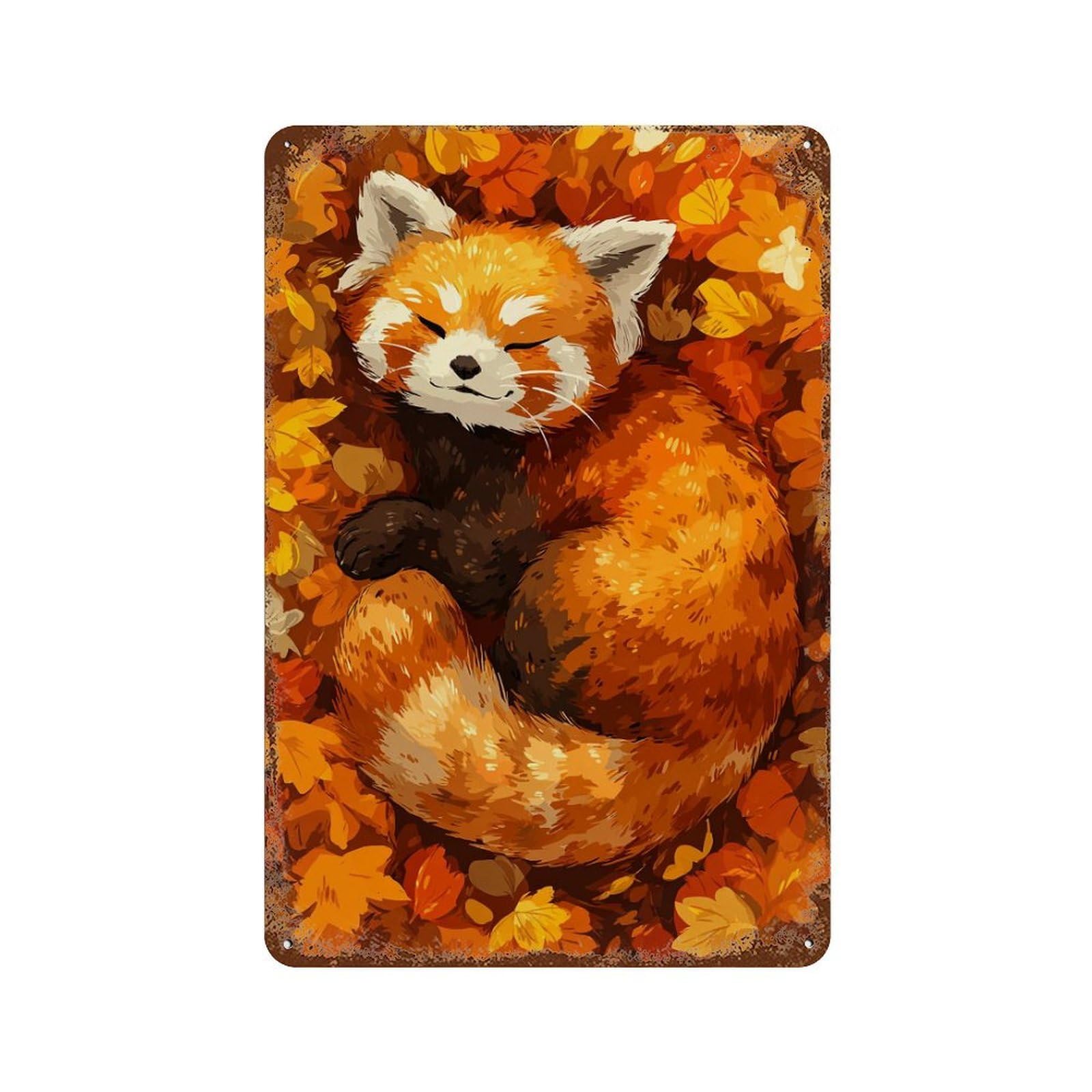 Sleeping Red Panda in Autumn Leaves Vintage Wall Sign 11.8"x7.9", Rust Effect Metal Decor for Shed, Workshop And Garage Wall Decor