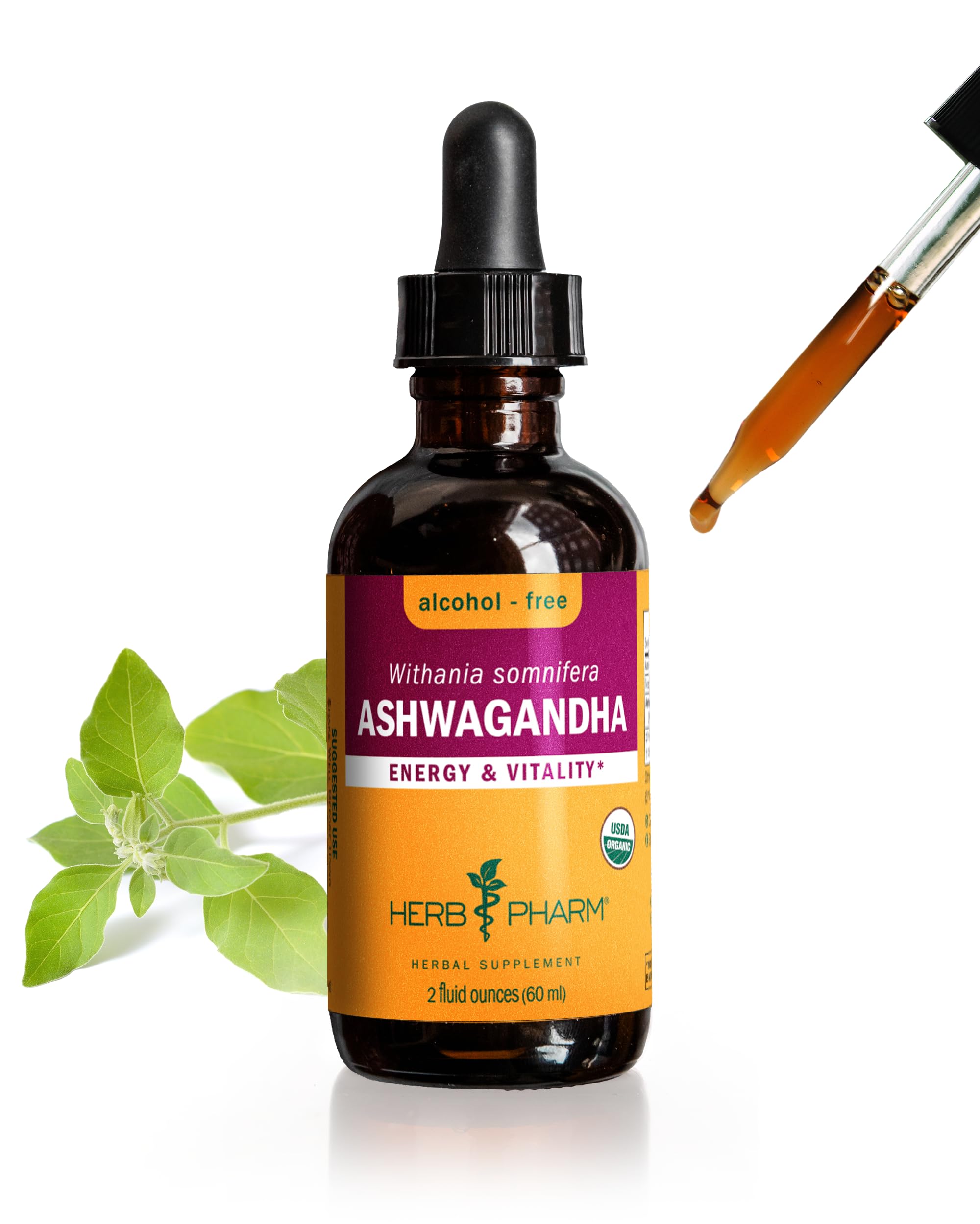 Herb Pharm Certified Organic Ashwagandha Extract Drops for Traditional Support for Energy and Vitality, Alcohol-Free Glycerite, 2 Oz