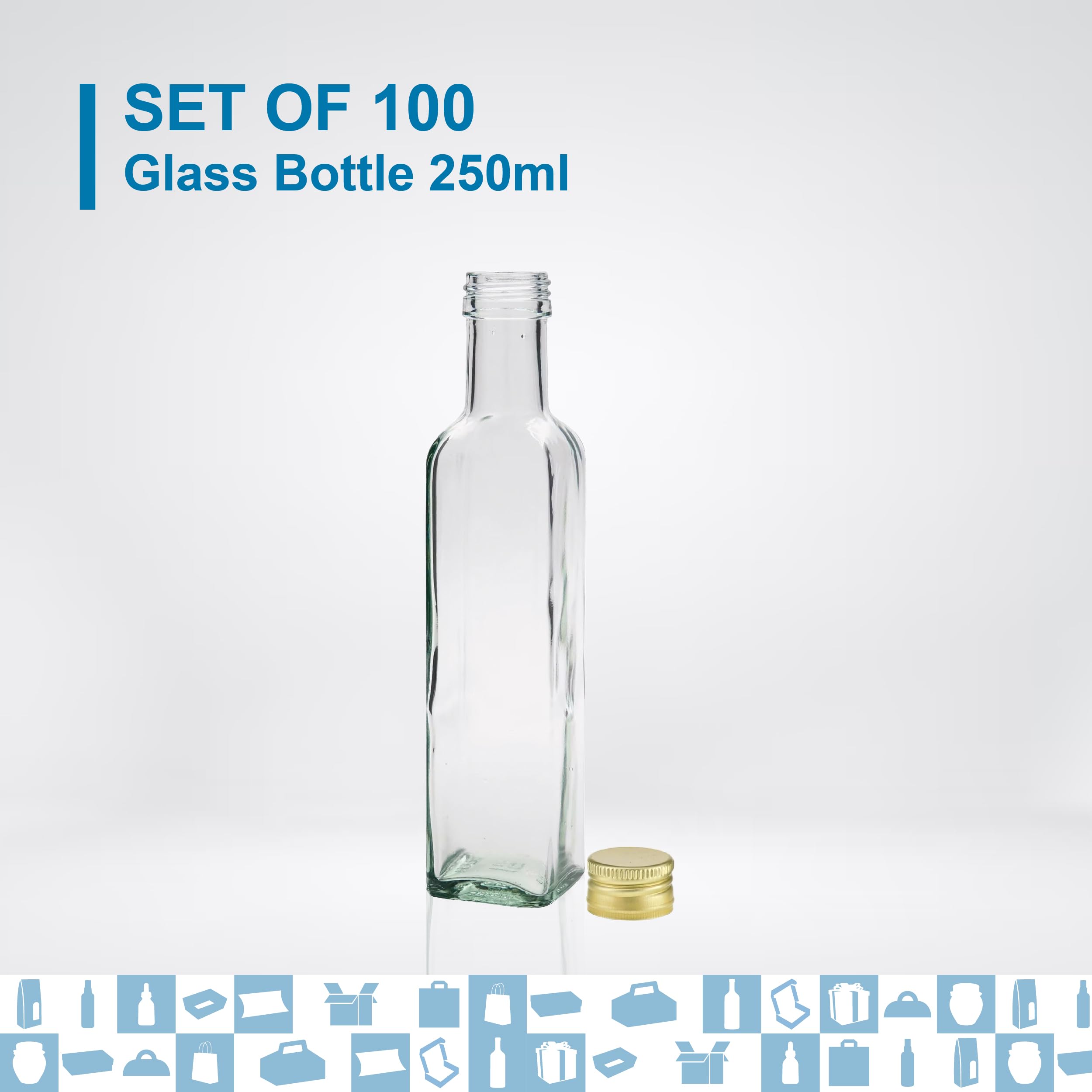 100 Botellas de vidrio de 250 ml con tapón de rosca dorado | Aceite de oliva, vinagre, alcohol | Aceitera de vidrio, botella de aceite | Regalos de boda