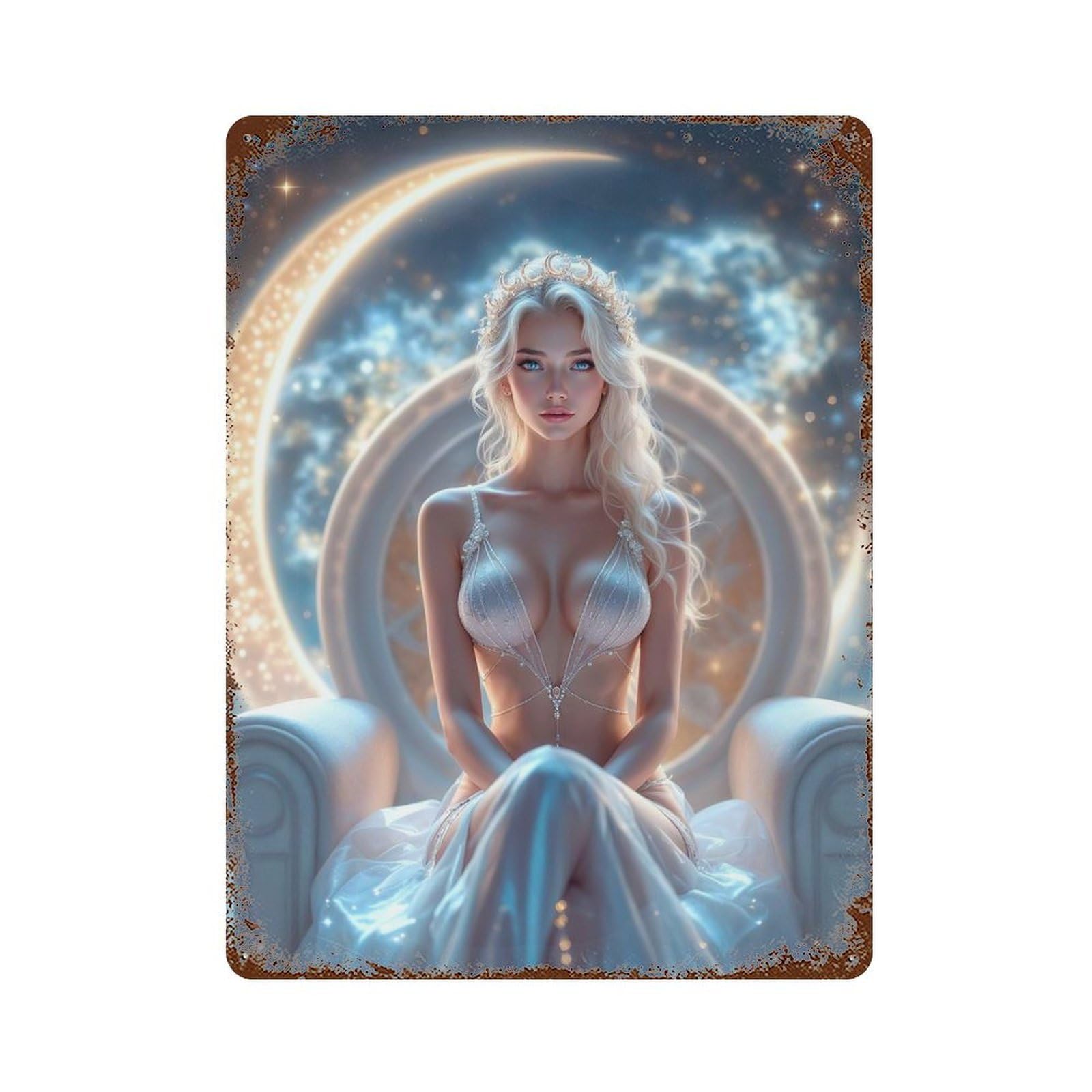 Rustic Tin Plaque with Moonlit Queen Design 15.7"x11.8", for Cafe, Home Bar And Lounge Decor, Novelty Wall Decor