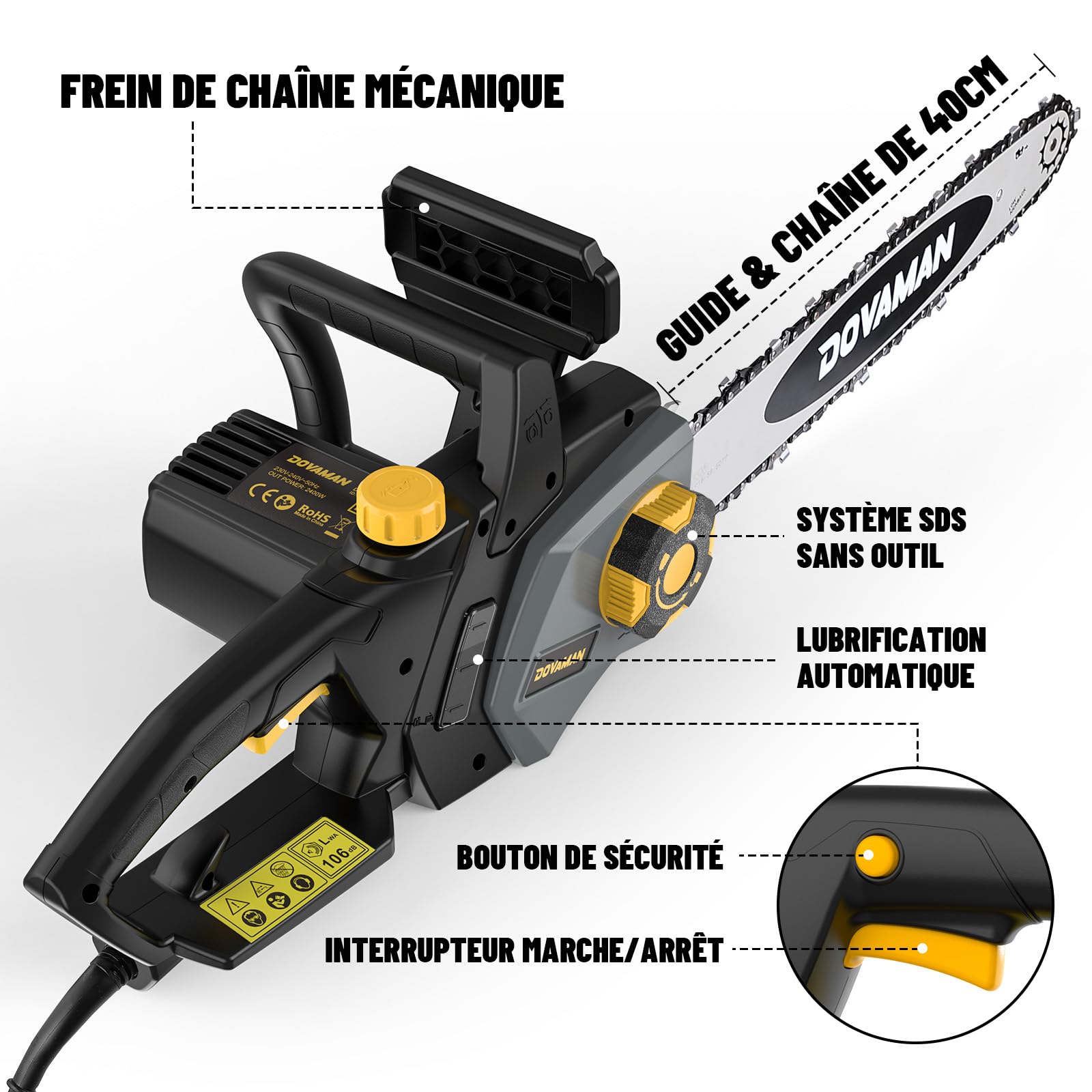 DOVAMAN Tronçonneuse Électrique 2400W, Tensionnement Sans Outil en un Pas, 40cm Guide et Chaîne Oregon, 15m/s Vitesse de Chaîne, Lubrification Automatique, Frein Mécanique, 2 Chaînes - DCS01A