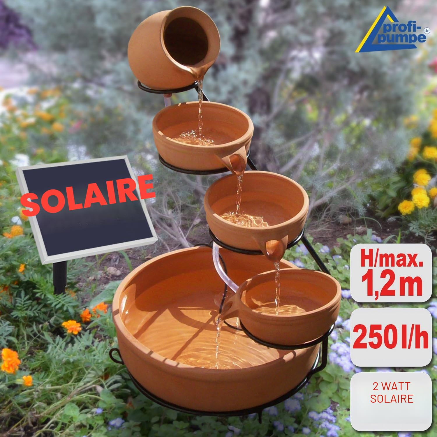 Amur Fontaine Solaire Cascade Pichet et Bols en Argile 55 cm - Déco Originale et Sons Apaisants pour Votre Jardin, Terrasse ou Balcon