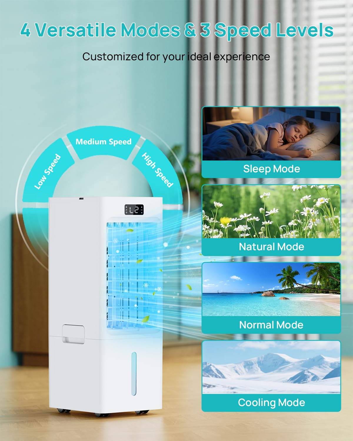 Aire Acondicionado Portatil 4 en 1, Enfriador de Aire con 4 Modos & 3 Velocidades, Temporizador 1-12H, Oscilación,Tanque de 6L, 4 Packs de Hielo, Control Remoto, Silencioso, para Oficina Hogar