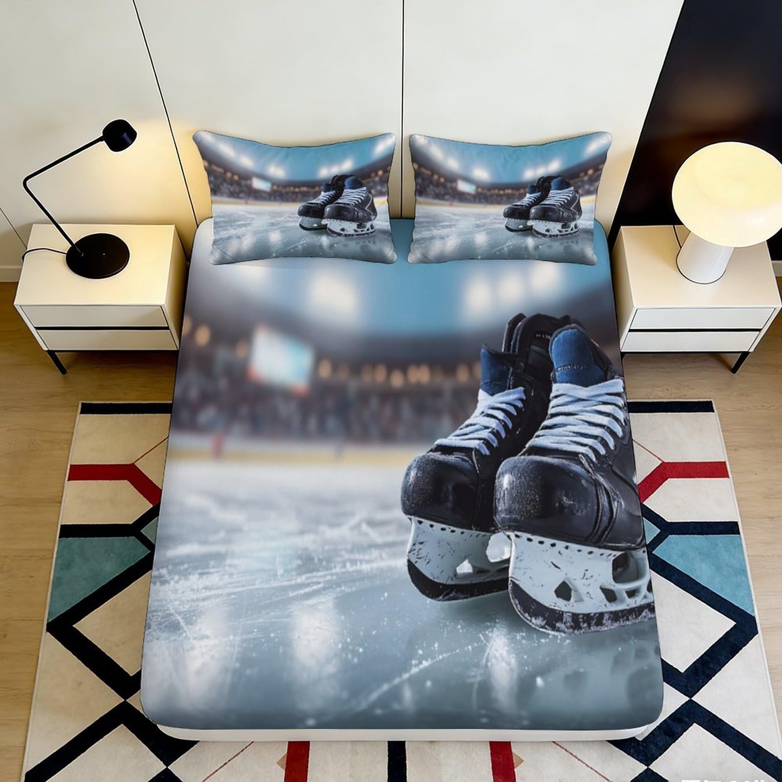 3D Printed Ice Hockey Stadium Fitted Sheet Microfiber Soft Breathable Skates Bed Cover for Bedroom Dorm Mattress Decor 90x200x25cm
