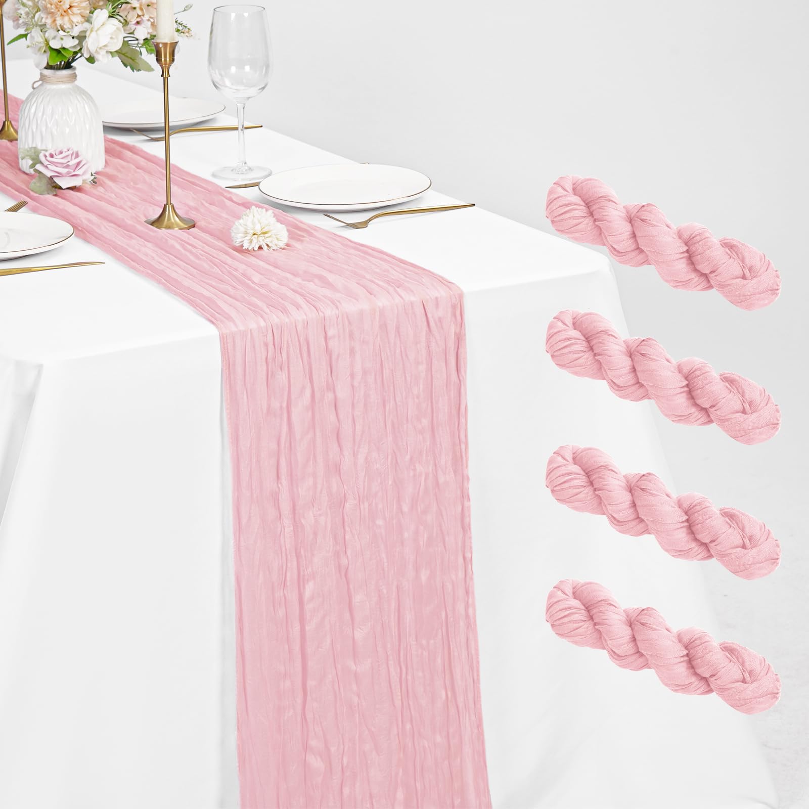 4 Pack Light Pink Cheesecloth Table Runner 21 x 120 Inch Rustic Gauze Fabric Table Runner Romantic Long Cheesecloth Table Runner For Weddings, Festivals, Anniversarie, Dinner, Outdoor Parties — image 1