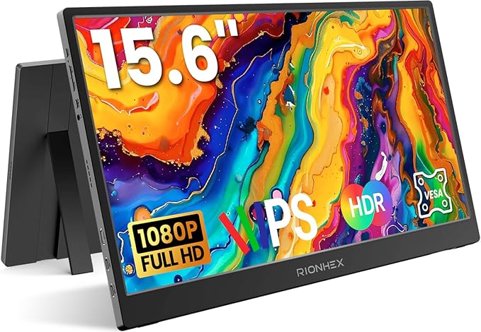 Rionhex Portable Monitor, 15.6 inch 1080P USB-C HDMI Travel Monitor Built-in Stand VESA, External Screen for Laptop, PC, Mac, PS, Xbox, Swich IPS HDR Ultra-Thin