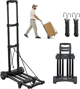 Chariot à main pliant VEVOR, capacité de charge de 290 lbs, chariot à bagages pliable avec 4 roues, 2 cordes élastiques et base extensible, chariot utilitaire pour le transport de bagages à l'aéroport, déménagement de bureau, noir