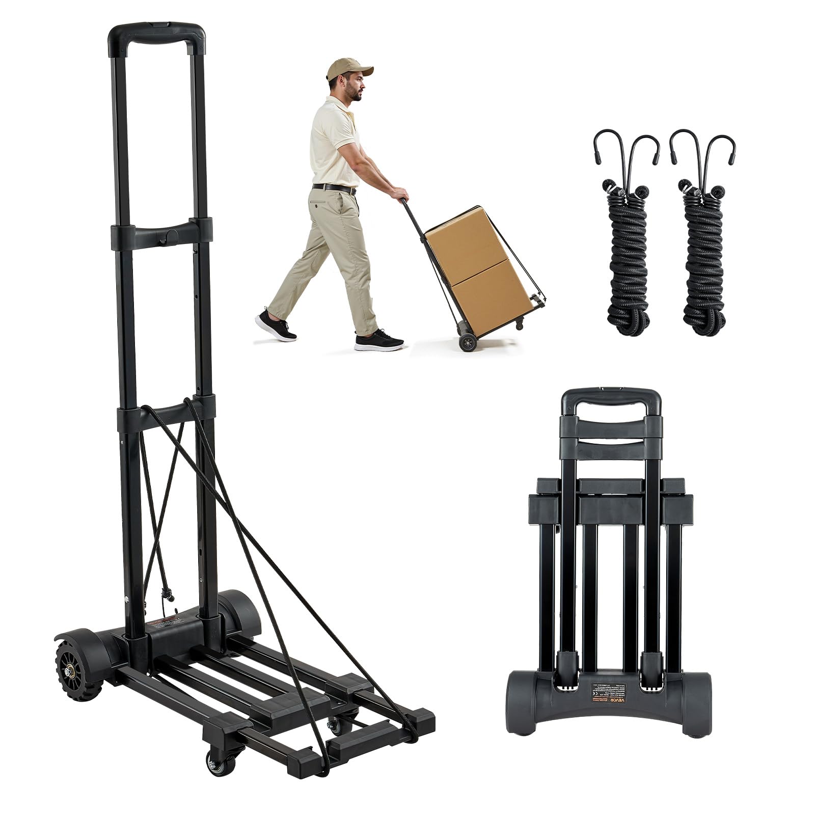 Folding Hand Truck, 290 lbs Load Capacity, Collapsible Luggage Cart with 4 Wheels, 2 Elastic Ropes & Expandable Base, Utility Dolly Platform Cart for Airport Travel Luggage Office Moving, Black
