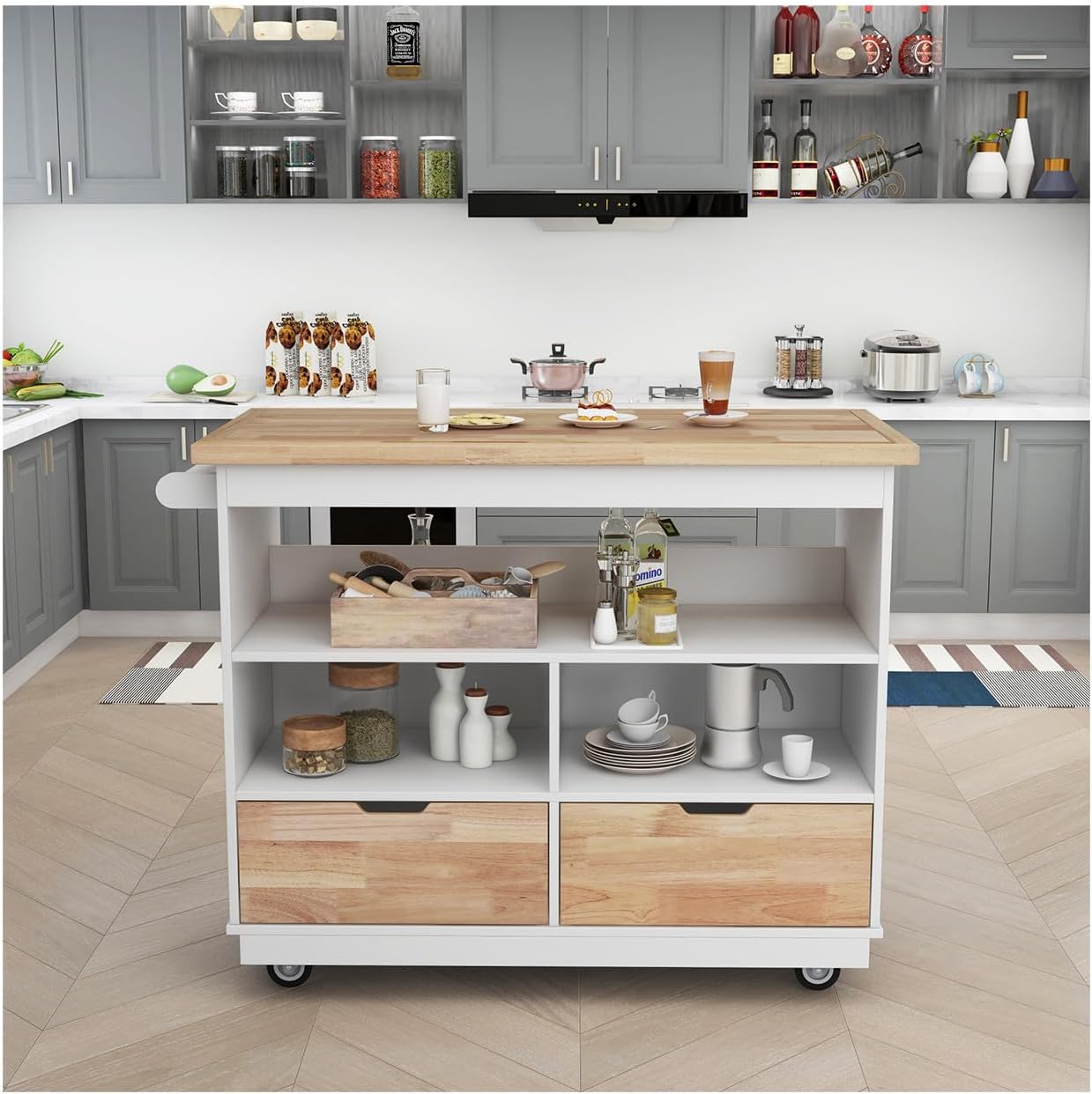 (5-8 Days delivery) Rolling Kitchen Island with Storage Two-Sided Kitchen Cart on Wheels RubberWood Top Wine and Spice Rack Large Kitchen Cart with 2 Drawers 3 Open Compartments (White)