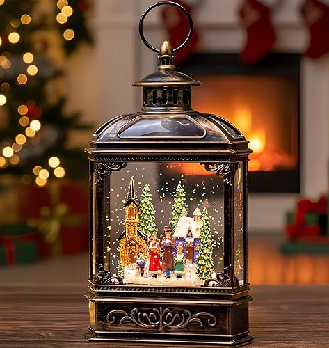 Miniatura 39 de Árbol de Navidad iluminado de 10 pulgadas, con música, globo de nieve, decoración de purpurina giratoria para el hogar de Navidad, sala de estar,