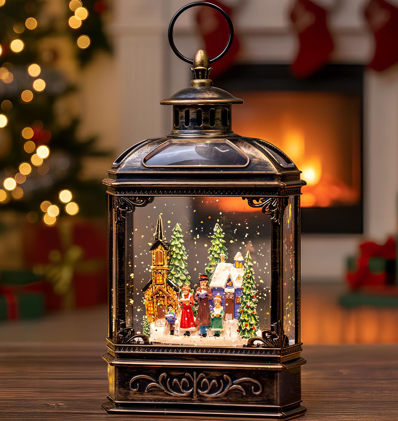VISFLAIR Musical Snow Globe Lantern Lighted Church Carolers Christmas Village Snow Water Lantern Swirling Glittering Home Decoration and Gift, Battery Operated or USB Powered