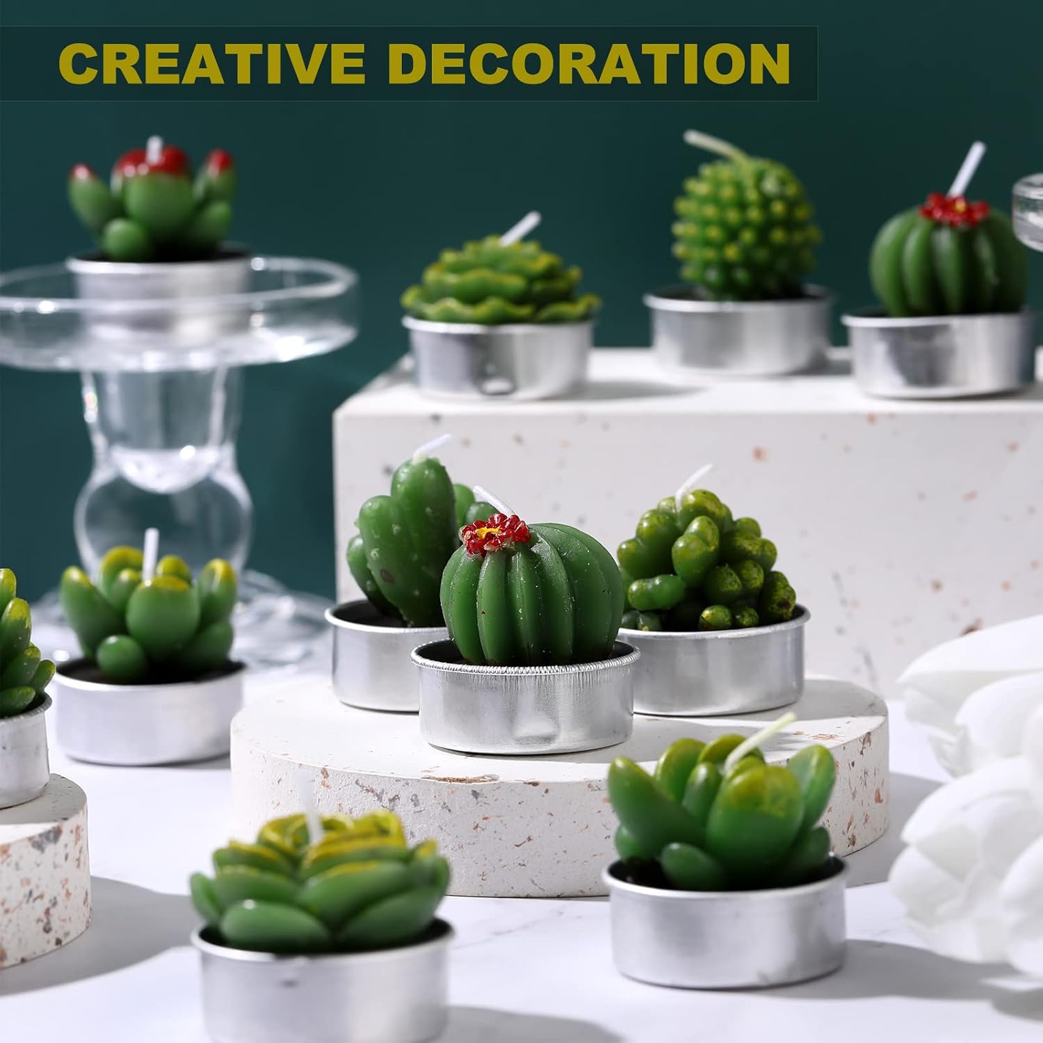 TecUnite 12 Pcs Cactus Tealight Candles Handmade Delicate Smokeless Succulent Cactus Candles Plants Tealight for Home Decor Birthday Christmas Party Gift Spa Wedding Celebration(Simple Style), view 3
