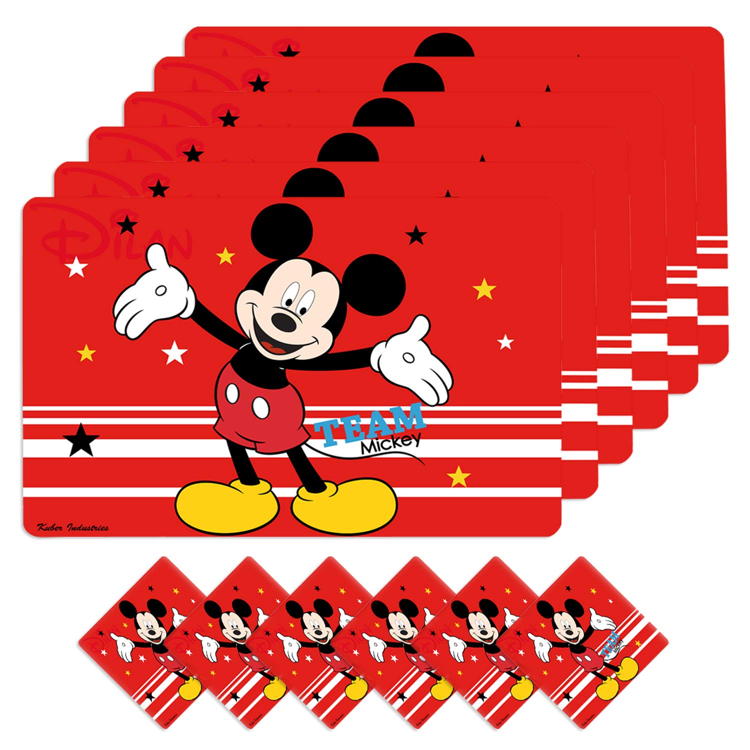Kuber Industries Disney Team Mickey PVC 6 Pieces Dining Table Placemat with Tea Coasters Set (Red) - CTKTC46245