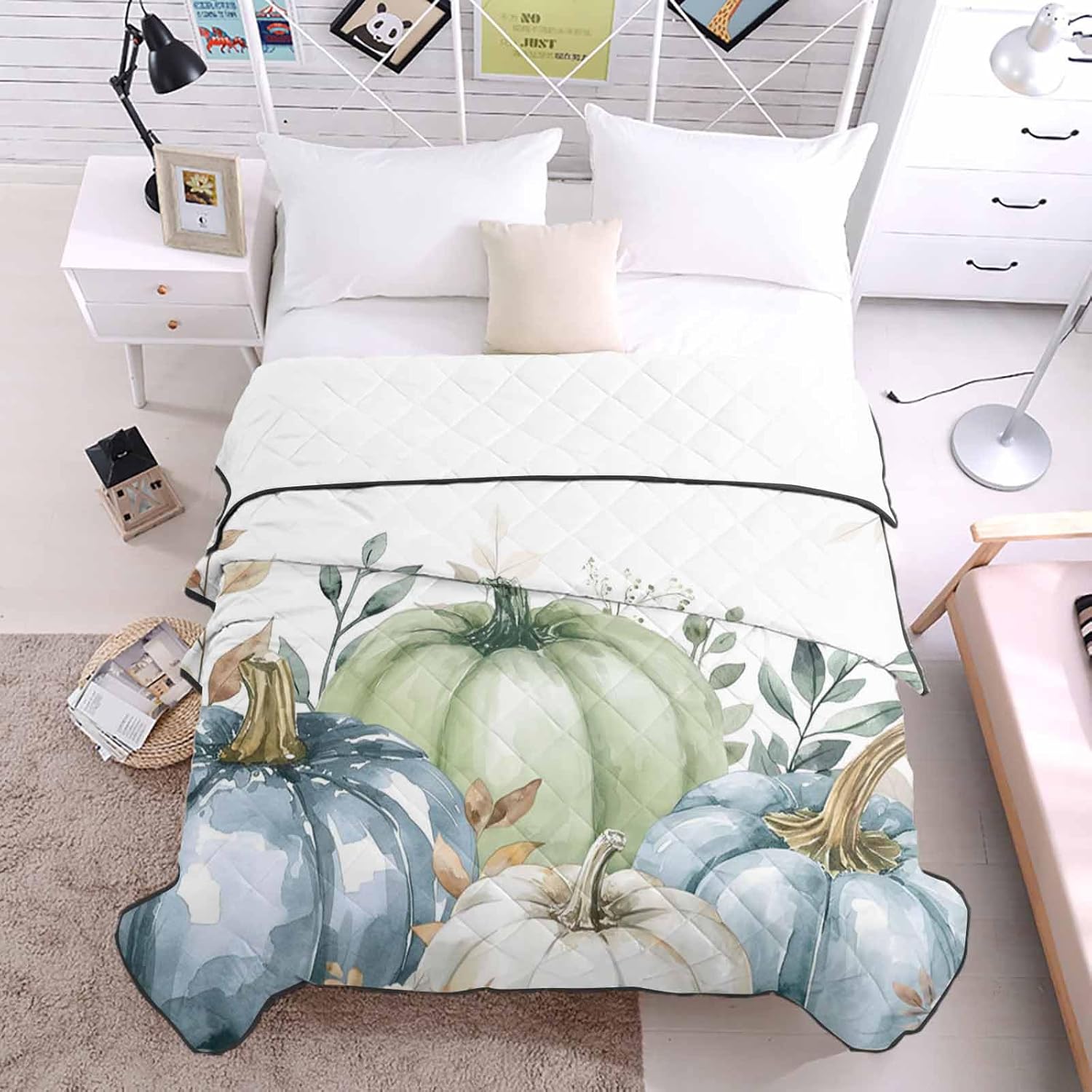 T&H XHome Quilt Full Size Luxury Quilted Comforter Bedspread-Thin Soft Cozy, Eucalyptus Leaf Thanksgiving Fall Pumpkin Patch Reversible Stitched Lightweight Quilt Coverlet for All Season