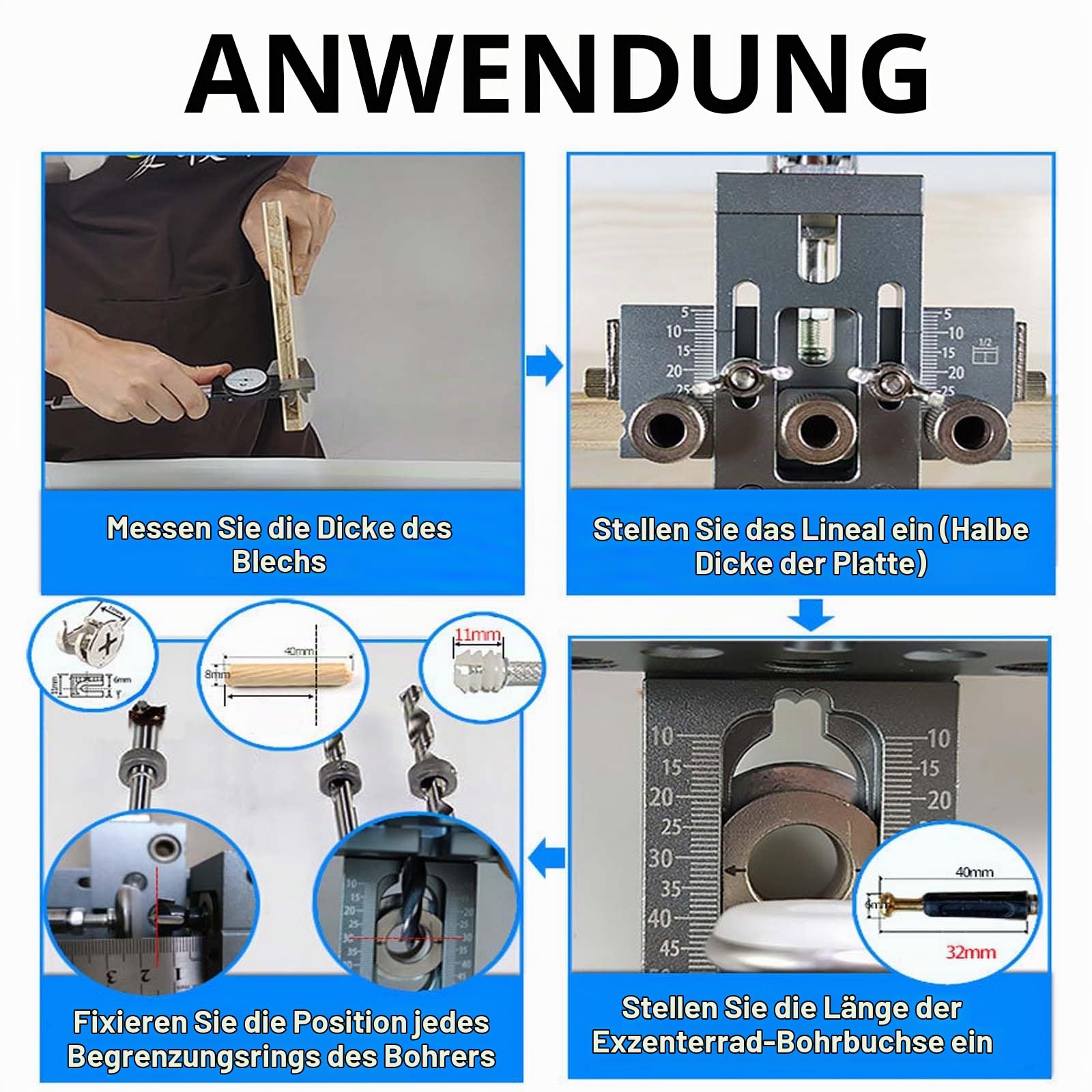 3-in-1 Pocket Hole Jig Kit, Dübellehre Bohrschablone Kit, Doweling Jig Bohrschablone Taschenloch-Bohrhilfe Holzdübel Holzbearbeitung Positionierer Locator Tool