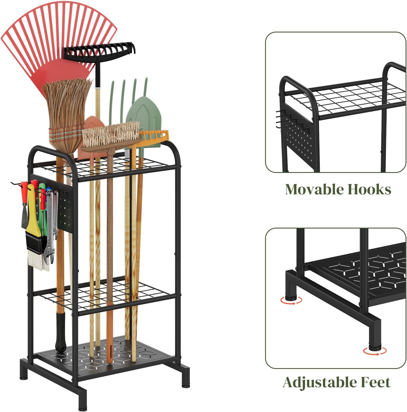 Garden Tools Organizer Rack, Yard Tool Rack, Heavy Duty Steel Yard Tool Organizer and Storage Holder Broom Holder for Shed, Patio, Outdoor (Rack with Hooks)