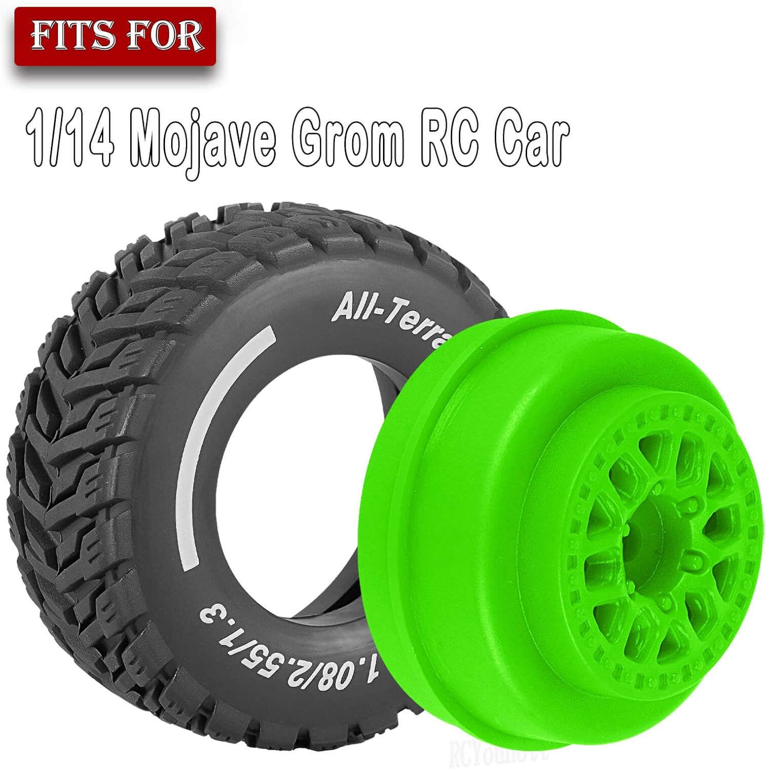 RC Front/Rear Wheel Tires for 1/14 Mojave Grom RC Car,Highway Wheels and Tires Set(4PCS),Plastic Wheels/Wheel Rims,Green