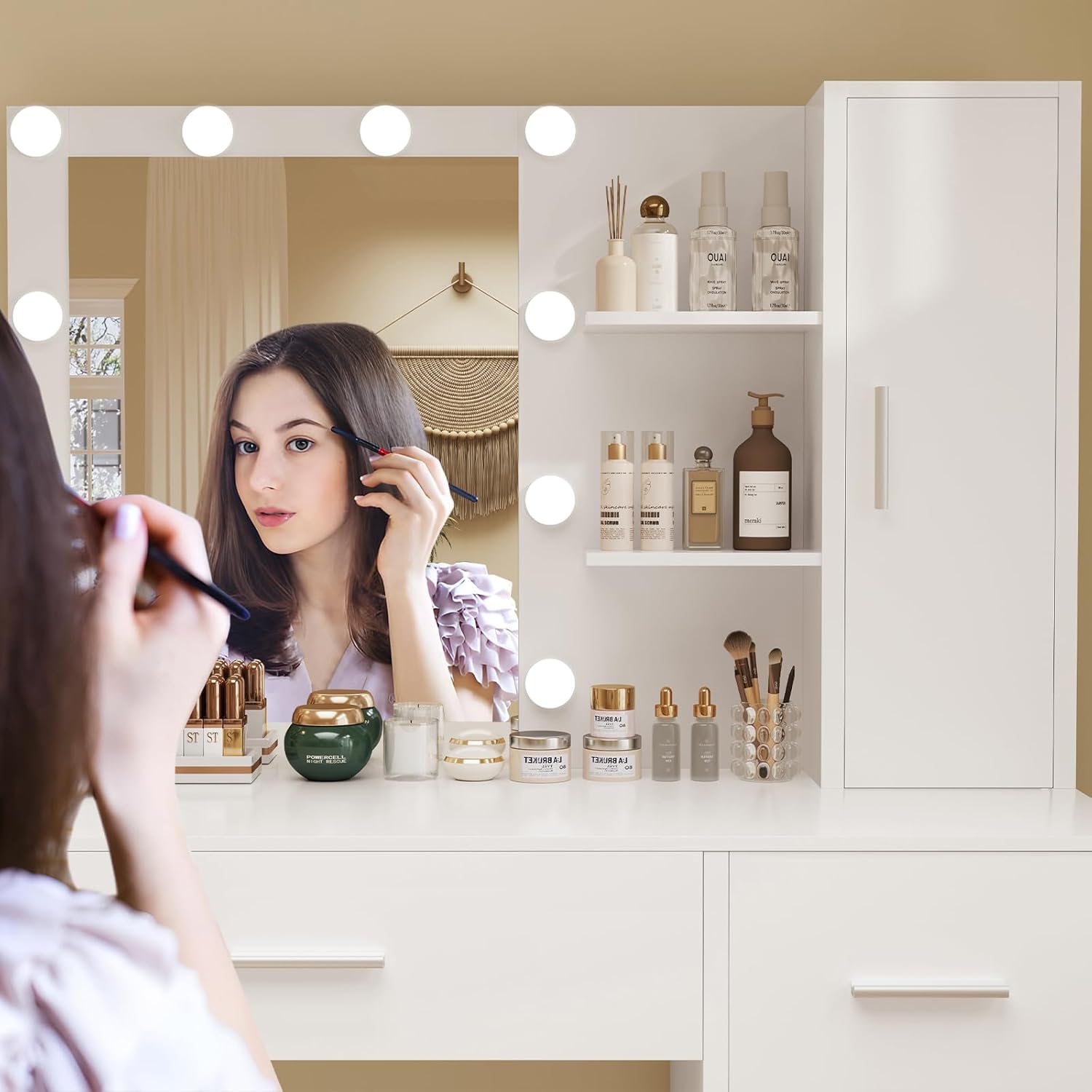 Makeup Vanity with Lights, Vanity Desk with Mirror and 10 LED Lights, White Table with 4 Drawers, Cabinet & 4 Necklace Hooks, Dressing Table for Bedroom,Grils Vanity, White