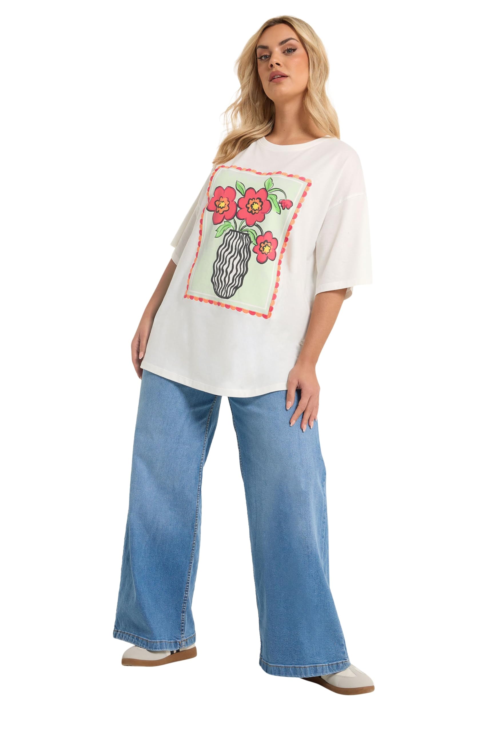 Yours Women's White Embroidered Graphic T-Shirt In | Size: 26-28