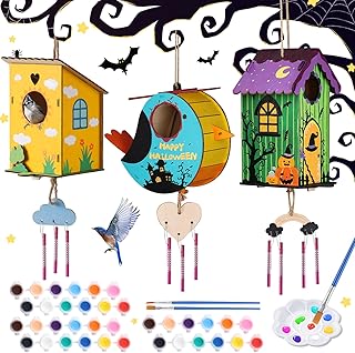 3 Pack Bird Houses Kits for Kids, Wooden Painting Arts and Crafts for Kids Ages 8-12, Build & Paint Your Own Bird Houses and Wind Chime Kits, Toddlers for Girls Boys