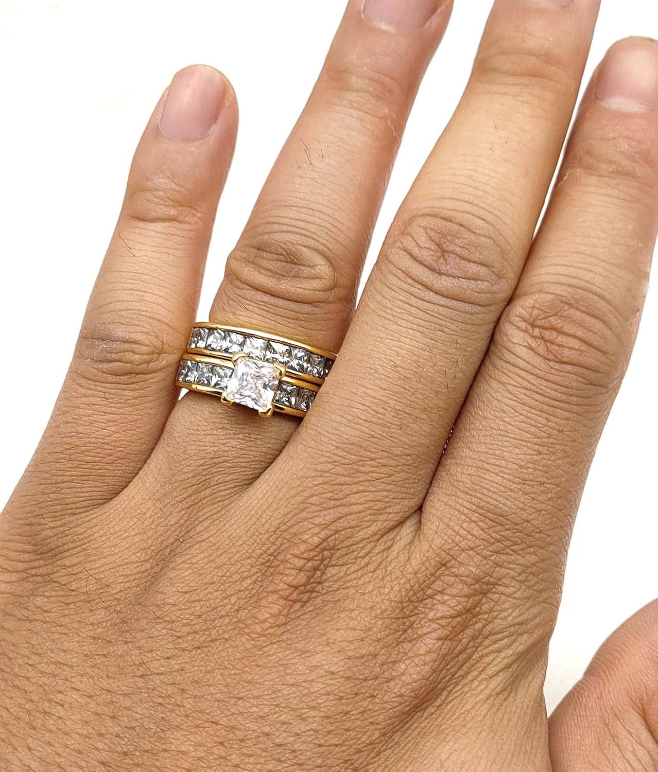 TWO RINGS His Hers Wedding Ring Sets Couples Rings Women's Black Gold Filled White CZ Wedding Engagement Ring Bridal Sets & Men's Titanium Wedding Band