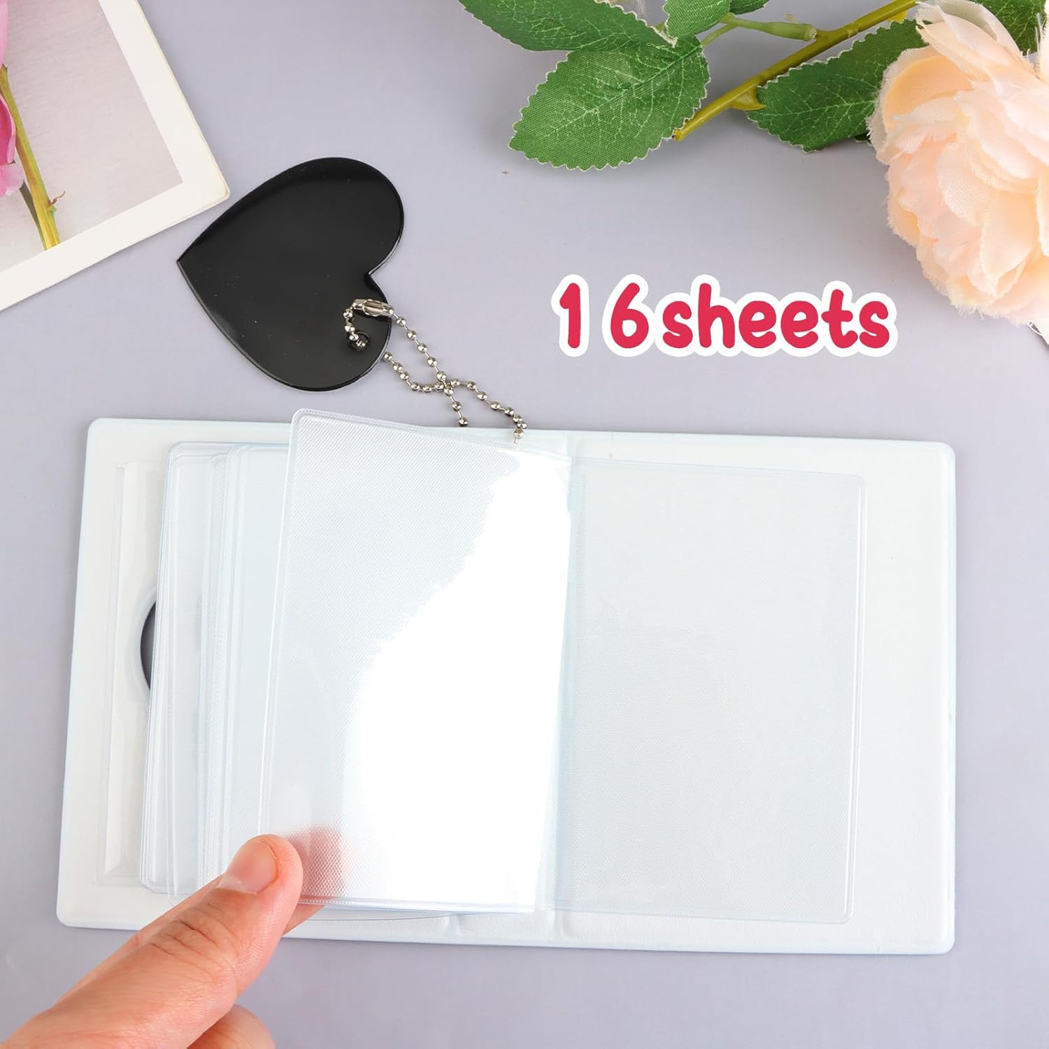 Mini Photocard Binder, Heart Hollow Portable Photos Card Book with Lovely Pendant, Cute Style Kpop Card Holder Collectible Album for Fans (Black and White 2 Pcs)