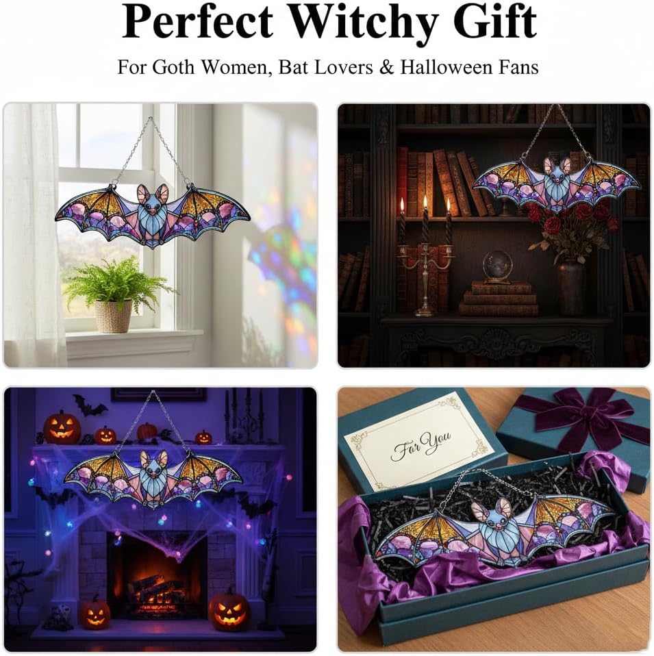 Bat Car Hanging Ornament, Stained Glass Style Bat Suncatcher, Gothic Rear View Mirror Decor, Halloween Bat Window Hanging, Witchy Gifts for Goth Women(Bat 4)