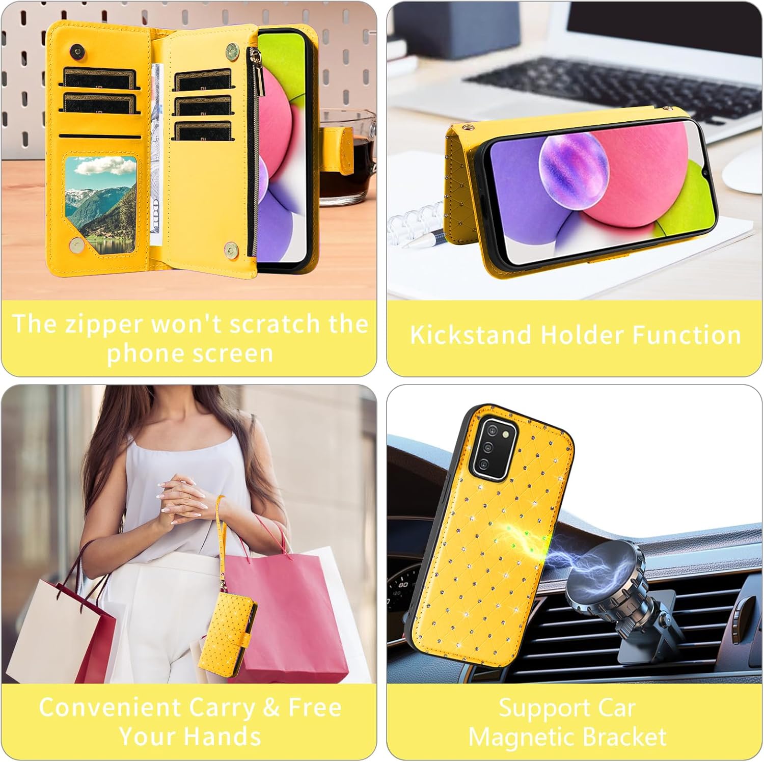 Compatible with Samsung Galaxy A03s US Version 5G 2022 Wallet Case Zipper Cell Screen Protector Crossbody Strap Glitter Flip Card Holder Phone Cover for Ao3s A 03s SM-A037U SM A037U Women Yellow