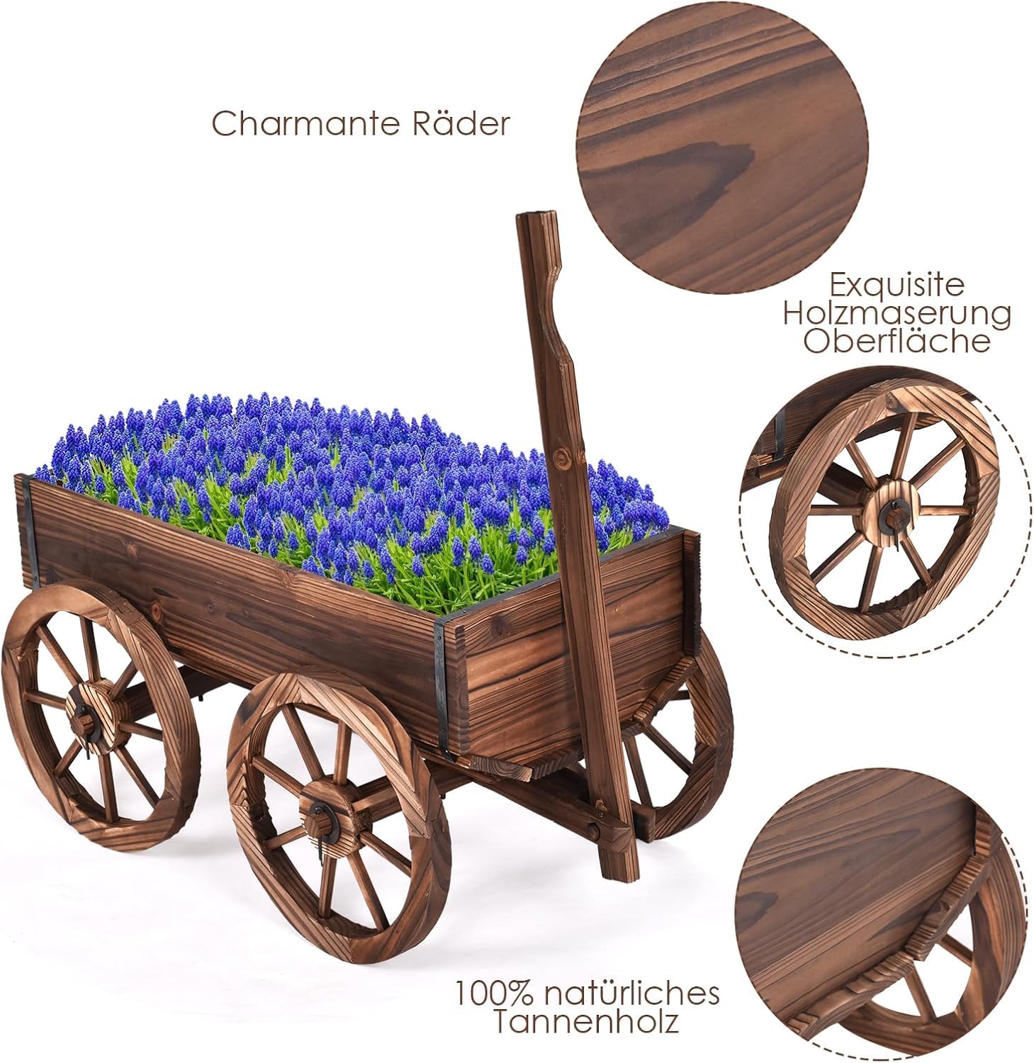 GOPLUS Blumenwagen Holz, Pflanzwagen mit 4 Rädern, Pflanzschubkarre mit Verstellbarer Griff, Pflanztopf Garten mit Ablauflöchern, Bollerwagen Schubkarre Blumenkarre Gartendeko Outdoor, 120x43x53,5 cm