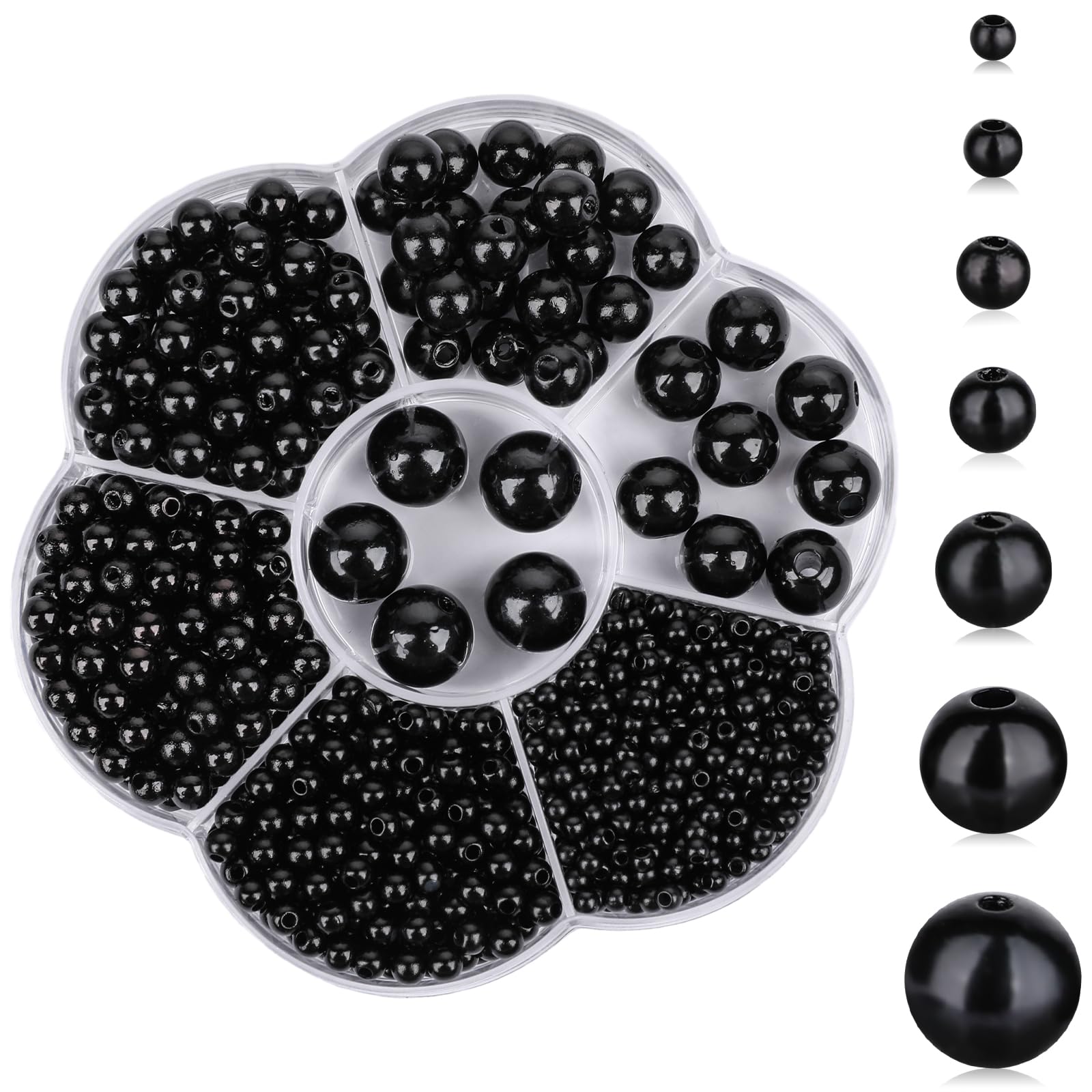 Sliverdew 1150pcs Black Round Plastic Beads (3/4/5/6/8/10/12mm) for Jewellery Making