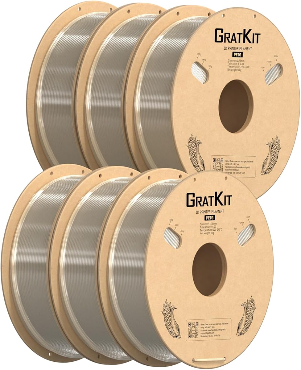 GratKit PETG Filament 1.75mm Transparent 6KG Bundle,3D Printer Filament PETG,Accuracy +/- 0.03mm,Fit Most 3D FDM Printers (6 Packs of 1KG Spools Transparent)