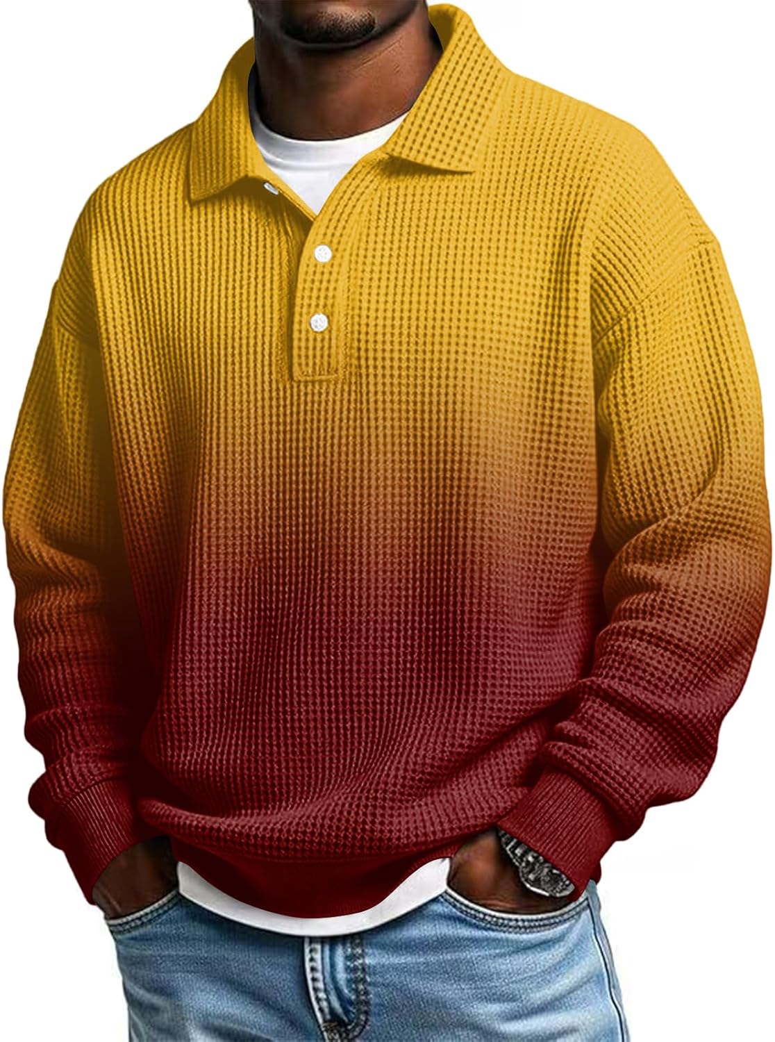 Ymosrh Mens Waffle Knit Polo Shirt Long Sleeve Gradient Color Casual Tennis Golf Collar Shirt, S-5XL
