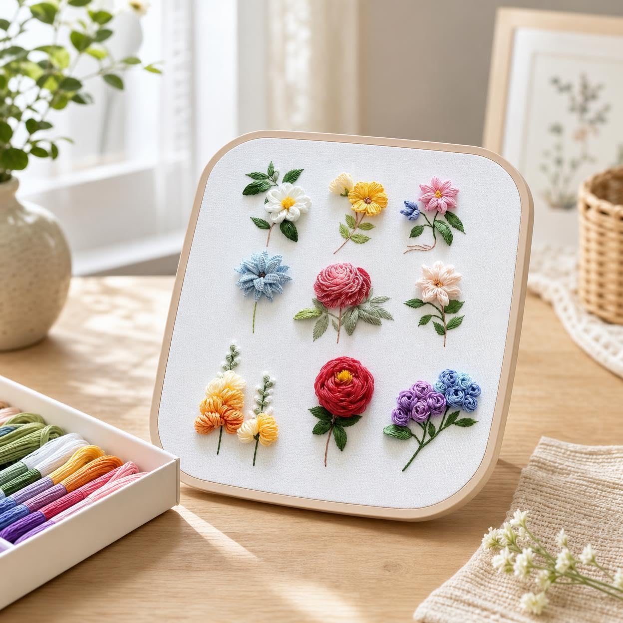 Yunmeryker Kit Broderie Débutant Complet, Activité Manuelle Adulte DIY, Motif Effaçable & Tutoriel Vidéo, Avec bien Sans Tambour, Kit de broderie DIY (avec cerceau à broder)