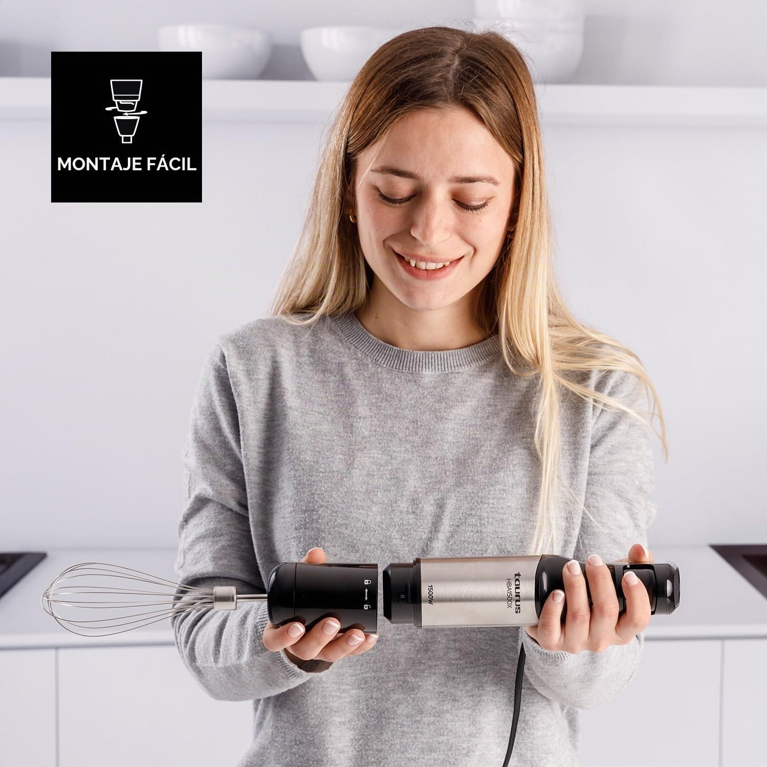 Taurus - Batidora de mano HBA1501X 1500W | Regulador de 20 velocidades ajustable | Función Turbo | Cuchillas de acero inoxidable | Pica hielo | Diseño ergonómico | Vaso medidor 700 ml | Inoxà