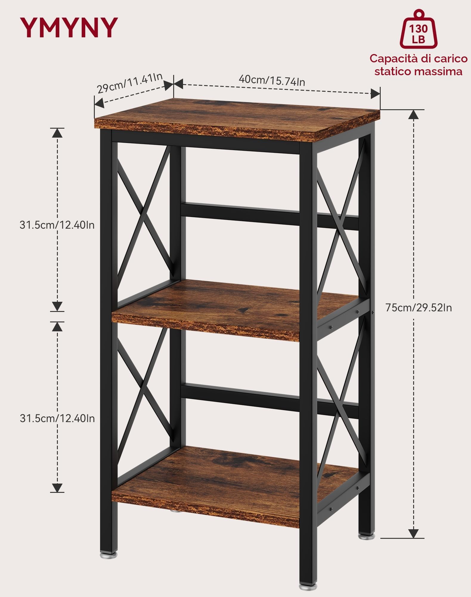 YMYNY Libreria, Scaffale a 3 Ripiani, Scaffale per piante, Scaffale per Microonde, per Bagno, Cucina, Ufficio, Studio, Camera da Letto 40×29×75CM Marrone Vintage HST008H