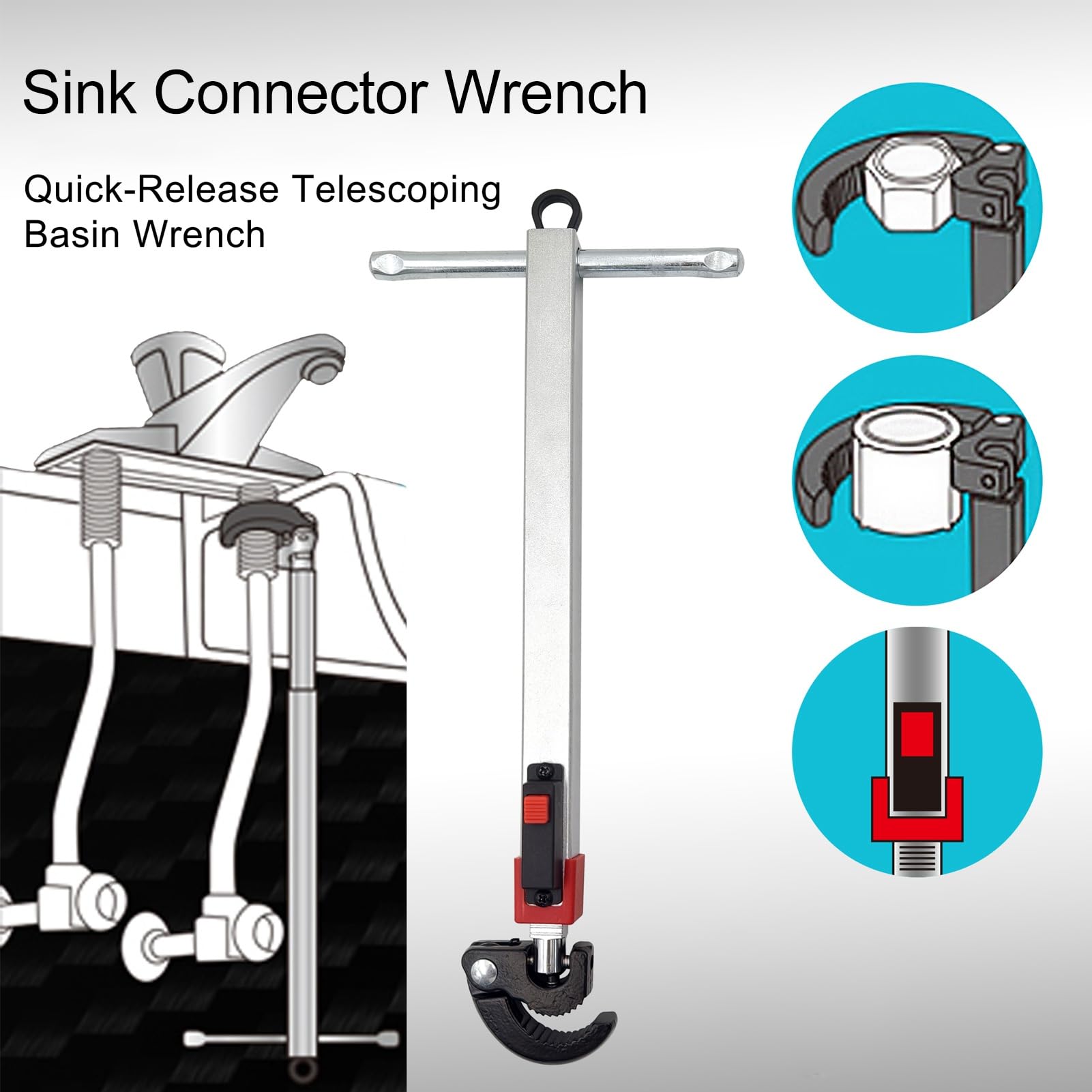 Llave telescópica para Lavabo con rotación de 180 Grados, Ajustable para 10 a 17 Pulgadas, Ideal para grifos de Cocina y tuberías de hasta 1,25 Pulgadas.